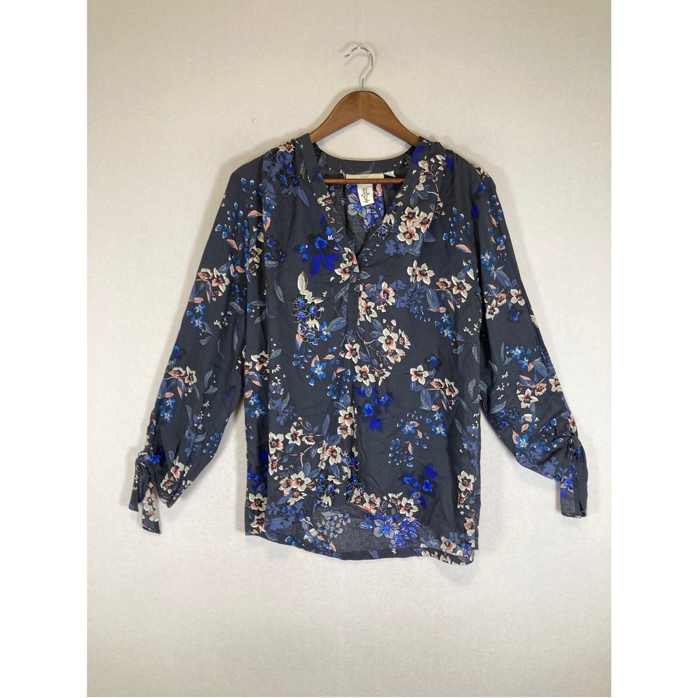 Cottagecore H&M L.O.G.G. Womens 10 Gray Blue Floral Tie Cuff Viscose Blouse